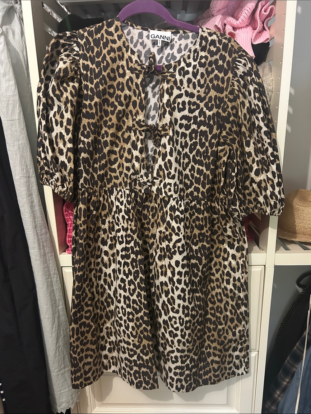 Ganni Leopard Print Puff Sleeve Dress - Brown, Black